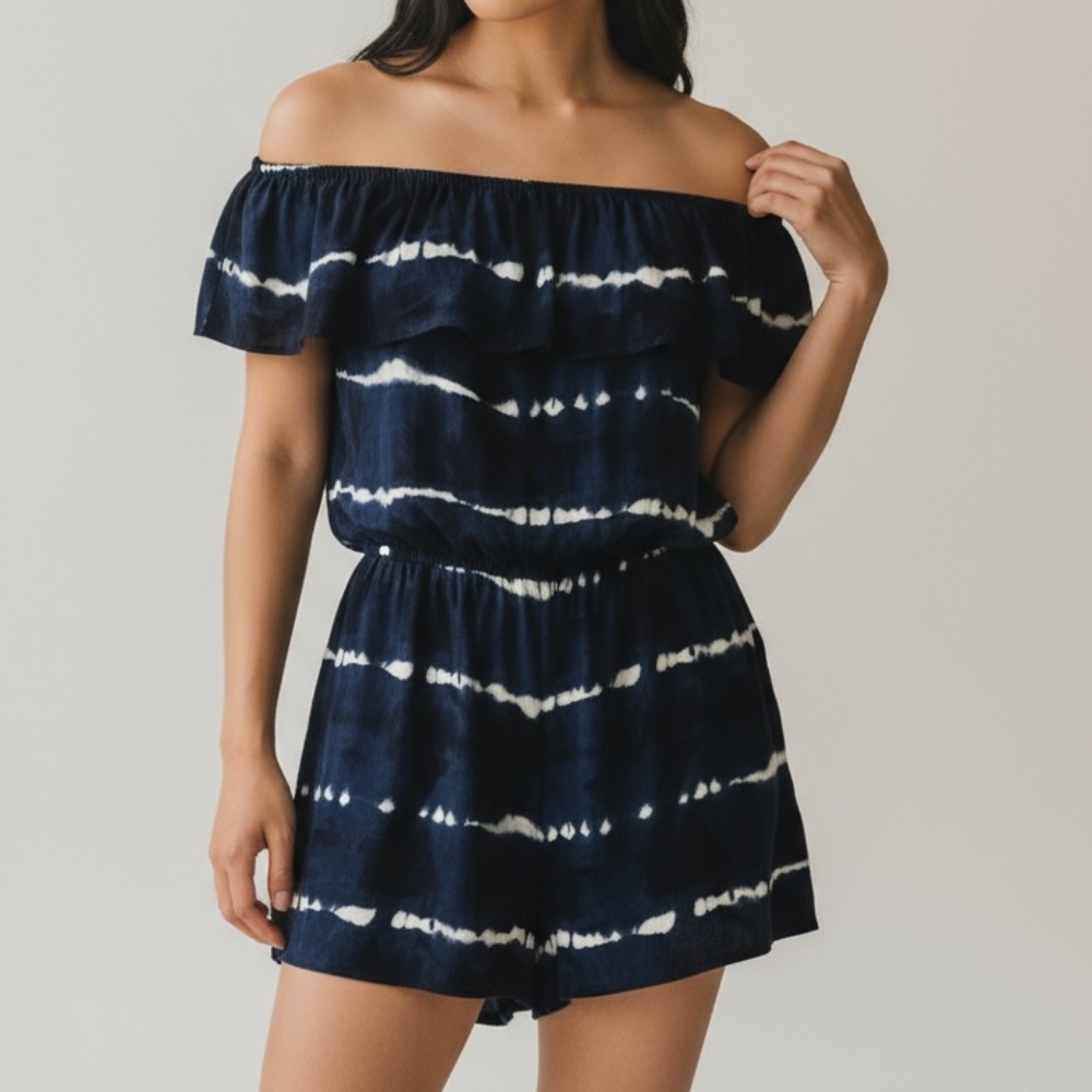 XHILERATION · NAVY BLUE TIE DYE OFF SHOULDER ROMPER - SMALL
